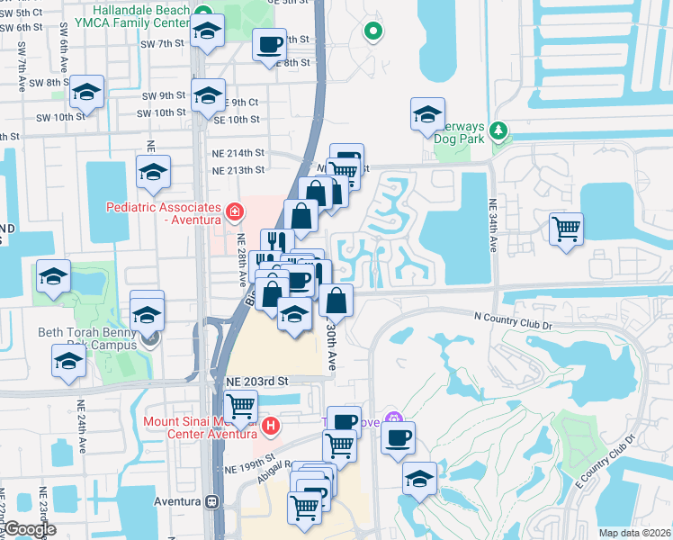 map of restaurants, bars, coffee shops, grocery stores, and more near 20805 Biscayne Boulevard in Aventura