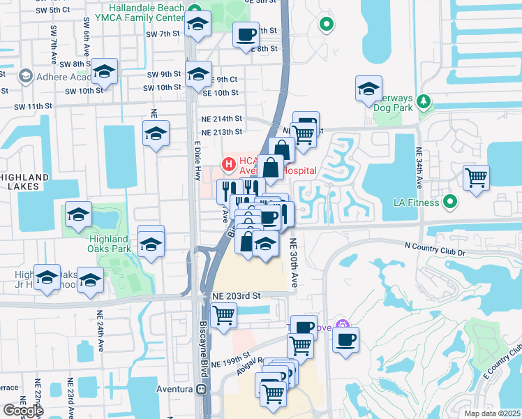 map of restaurants, bars, coffee shops, grocery stores, and more near 20801 Biscayne Boulevard in Miami