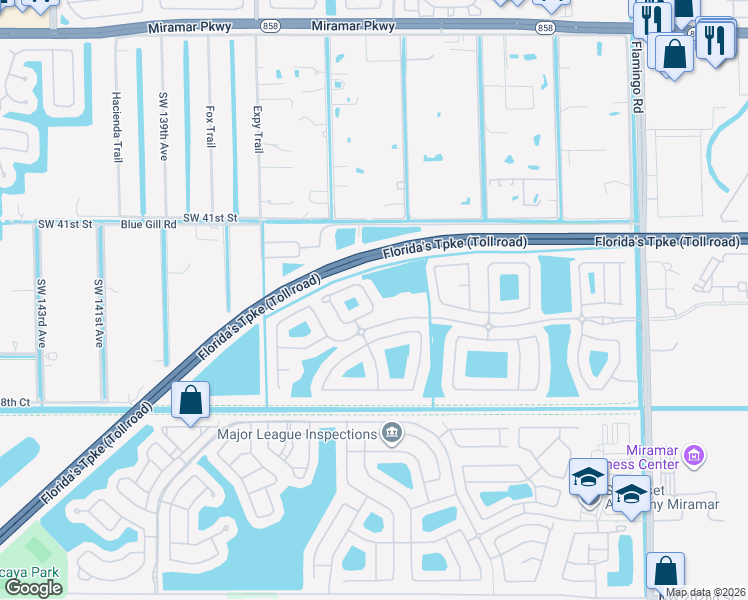 map of restaurants, bars, coffee shops, grocery stores, and more near 13100 Southwest 44th Street in Miramar