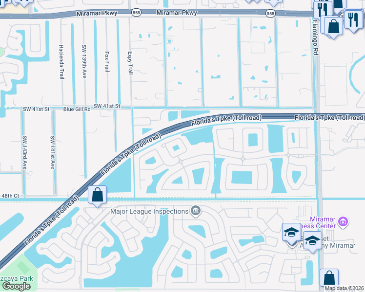 map of restaurants, bars, coffee shops, grocery stores, and more near 13109 Southwest 42nd Street in Miramar