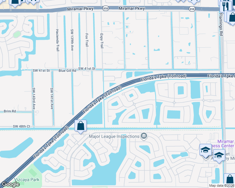 map of restaurants, bars, coffee shops, grocery stores, and more near 4261 Southwest 133rd Lane in Miramar