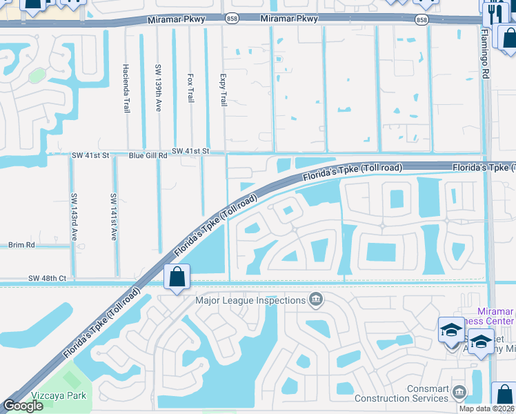 map of restaurants, bars, coffee shops, grocery stores, and more near 4261 Southwest 133rd Lane in Miramar