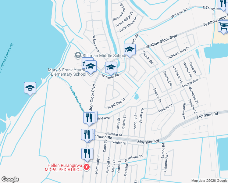 map of restaurants, bars, coffee shops, grocery stores, and more near 1750-1762 Northwood Drive in Brownsville