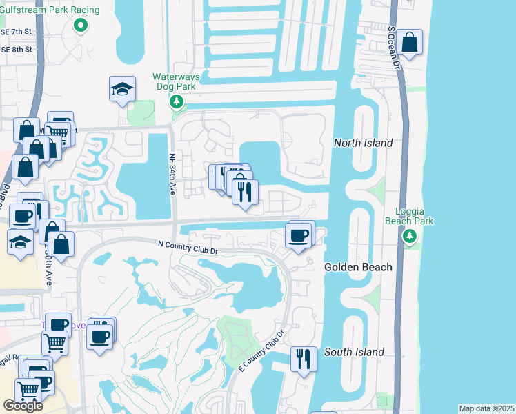 map of restaurants, bars, coffee shops, grocery stores, and more near 3619 Northeast 207th Street in Aventura