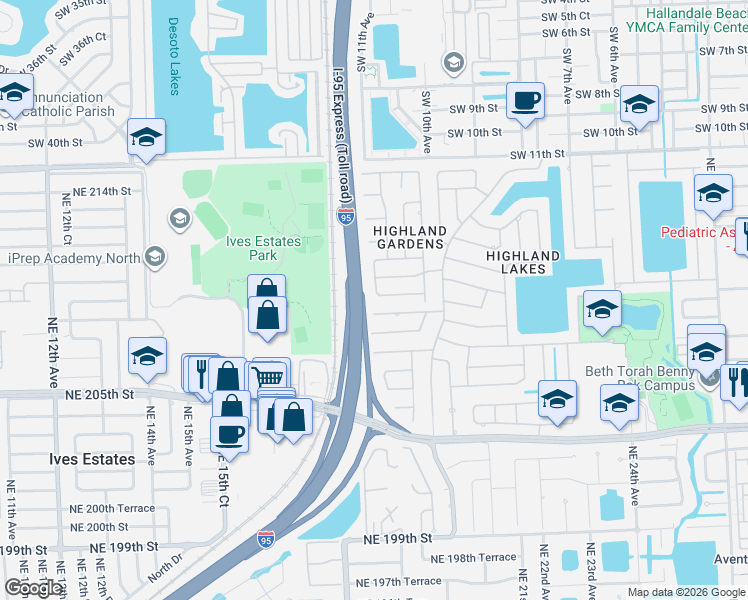 map of restaurants, bars, coffee shops, grocery stores, and more near 1865 Northeast 208th Terrace in North Miami Beach