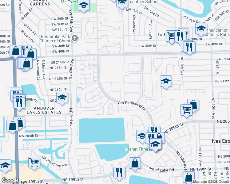 map of restaurants, bars, coffee shops, grocery stores, and more near 20801 Northeast 4th Court in Miami