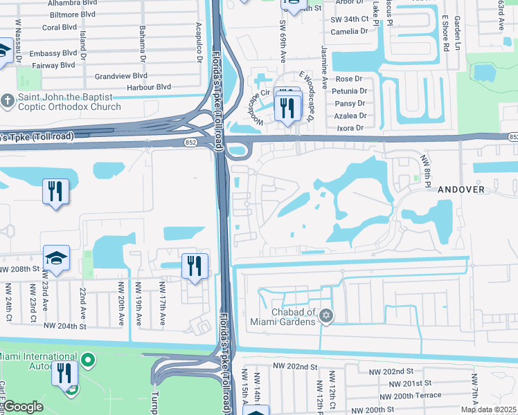 map of restaurants, bars, coffee shops, grocery stores, and more near 21209 Northwest 14th Place in Miami Gardens