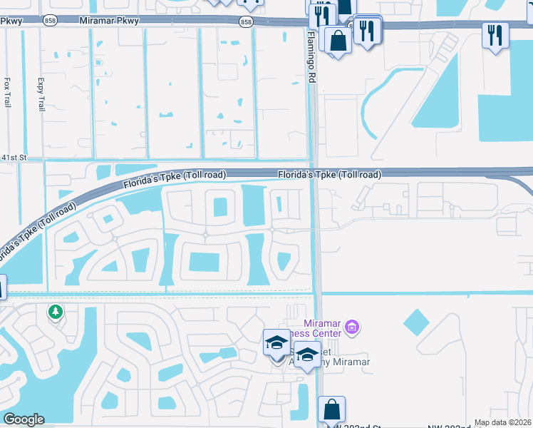 map of restaurants, bars, coffee shops, grocery stores, and more near Silver Falls Boulevard in Miramar