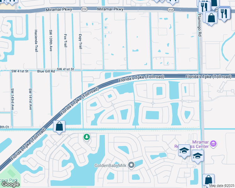 map of restaurants, bars, coffee shops, grocery stores, and more near 13100 Southwest 44th Street in Miramar