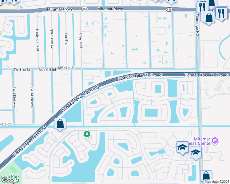 map of restaurants, bars, coffee shops, grocery stores, and more near 13100 Southwest 44th Street in Miramar