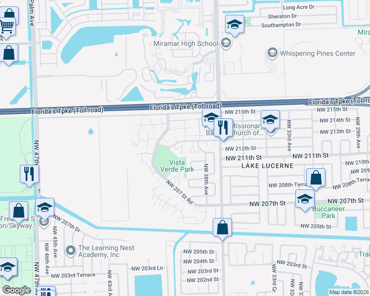 map of restaurants, bars, coffee shops, grocery stores, and more near 3864 Northwest 213th Street in Miami Gardens