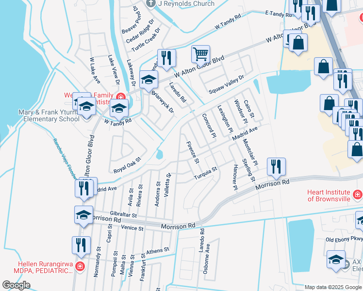 map of restaurants, bars, coffee shops, grocery stores, and more near 3034 Oslo Street in Brownsville