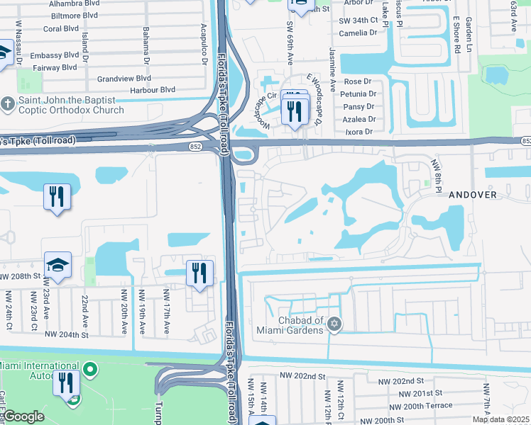 map of restaurants, bars, coffee shops, grocery stores, and more near 21209 Northwest 14th Place in Miami Gardens