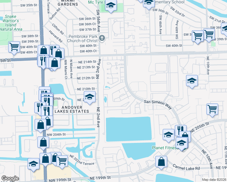 map of restaurants, bars, coffee shops, grocery stores, and more near 439 Northeast 210th Circle Terrace in Miami