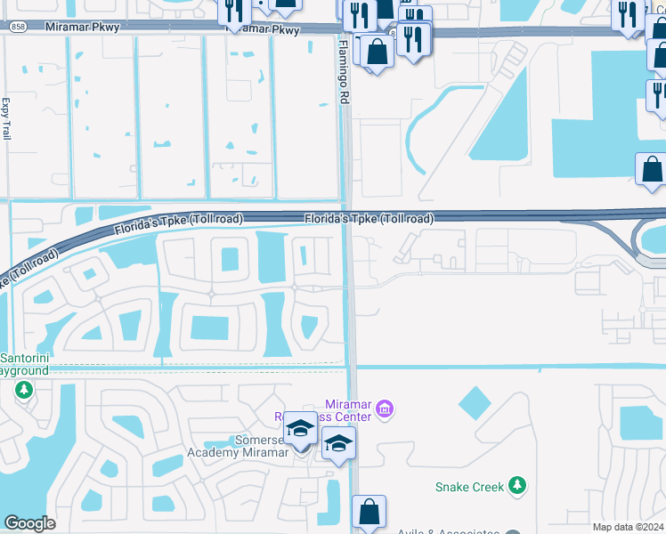 map of restaurants, bars, coffee shops, grocery stores, and more near 4341 Southwest 124th Way in Miramar