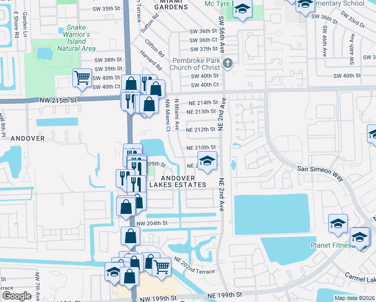 map of restaurants, bars, coffee shops, grocery stores, and more near 30 Northeast 209th Terrace in Miami