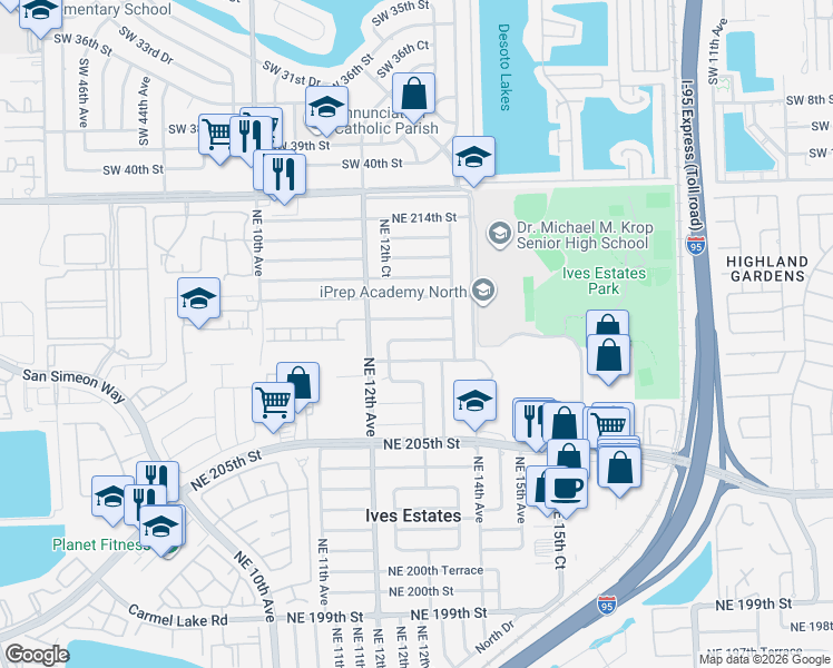 map of restaurants, bars, coffee shops, grocery stores, and more near 1281 Northeast 208th Terrace in Miami