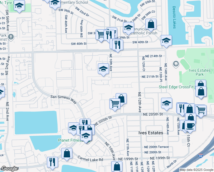 map of restaurants, bars, coffee shops, grocery stores, and more near 875 Northeast 208th Terrace in Miami