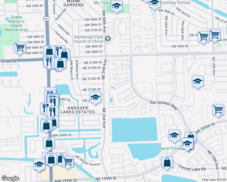 map of restaurants, bars, coffee shops, grocery stores, and more near 221 Northeast 210th Street in North Miami Beach