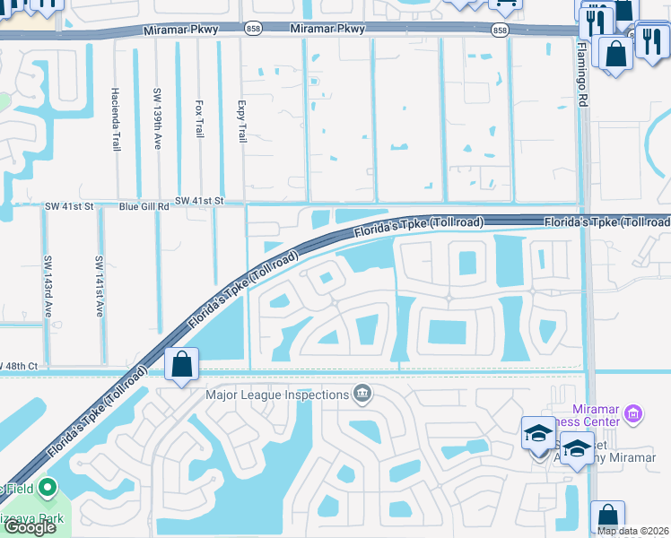map of restaurants, bars, coffee shops, grocery stores, and more near 13109 Southwest 42nd Street in Miramar