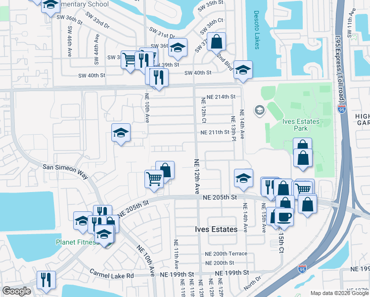 map of restaurants, bars, coffee shops, grocery stores, and more near 1164 Northeast 209th Terrace in North Miami Beach
