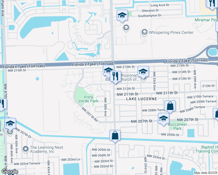 map of restaurants, bars, coffee shops, grocery stores, and more near 21065 Northwest 38th Avenue in Miami Gardens