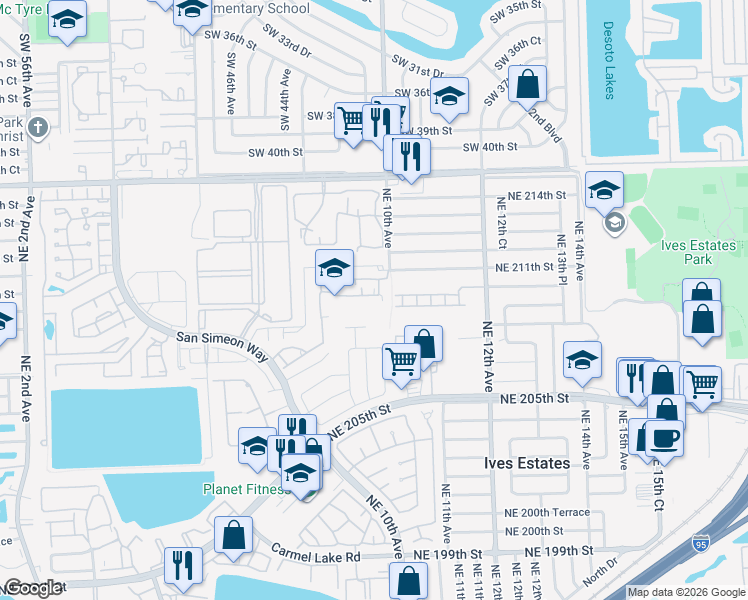 map of restaurants, bars, coffee shops, grocery stores, and more near 875 Northeast 208th Terrace in Miami