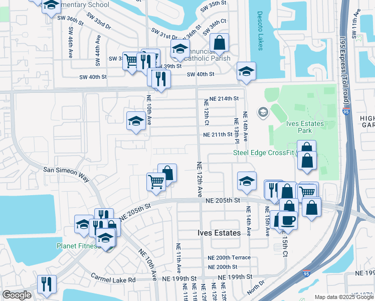map of restaurants, bars, coffee shops, grocery stores, and more near 1169 Northeast 210th Terrace in North Miami Beach