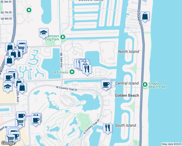 map of restaurants, bars, coffee shops, grocery stores, and more near 3619 Northeast 207th Street in Aventura