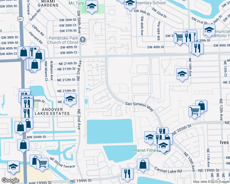 map of restaurants, bars, coffee shops, grocery stores, and more near 455 Northeast 210th Terrace in Miami