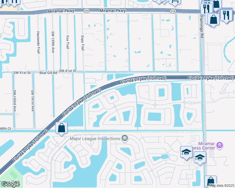 map of restaurants, bars, coffee shops, grocery stores, and more near 13100 Southwest 44th Street in Miramar