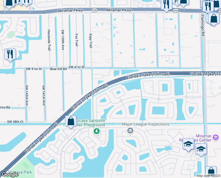 map of restaurants, bars, coffee shops, grocery stores, and more near 4261 Southwest 133rd Lane in Miramar