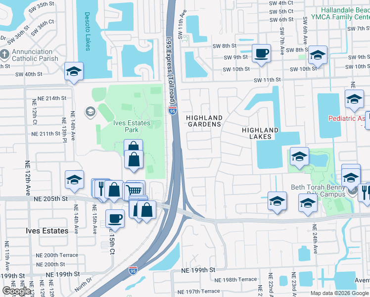 map of restaurants, bars, coffee shops, grocery stores, and more near 1865 Northeast 208th Terrace in North Miami Beach