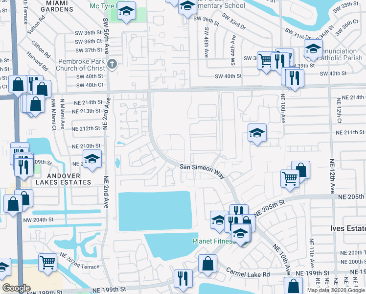 map of restaurants, bars, coffee shops, grocery stores, and more near 20801 Northeast 4th Court in Miami