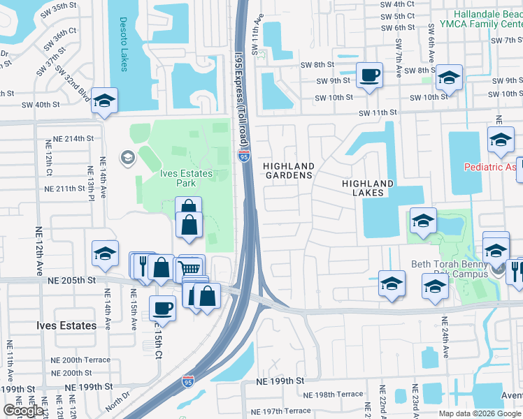 map of restaurants, bars, coffee shops, grocery stores, and more near 1865 Northeast 208th Terrace in North Miami Beach
