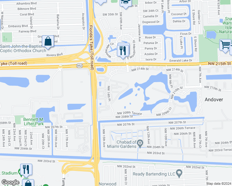 map of restaurants, bars, coffee shops, grocery stores, and more near 21211 Northwest 14th Place in Miami Gardens