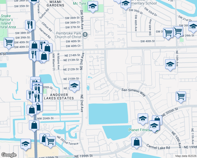 map of restaurants, bars, coffee shops, grocery stores, and more near 439 Northeast 210th Circle Terrace in Miami