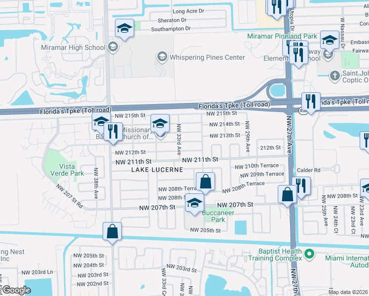 map of restaurants, bars, coffee shops, grocery stores, and more near 3281 Northwest 213th Street in Miami Gardens
