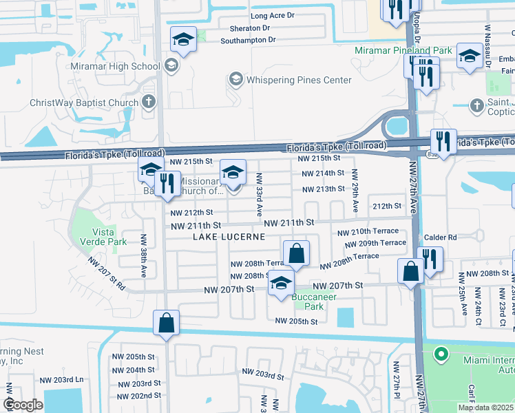 map of restaurants, bars, coffee shops, grocery stores, and more near 3281 Northwest 213th Street in Miami Gardens
