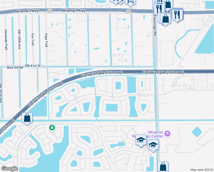 map of restaurants, bars, coffee shops, grocery stores, and more near 12934 Southwest 42nd Street in Miramar