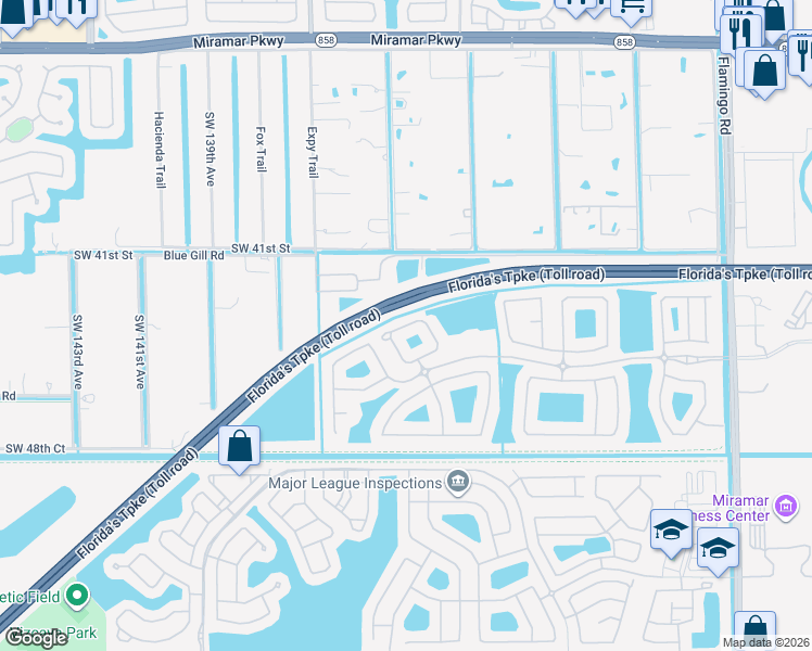 map of restaurants, bars, coffee shops, grocery stores, and more near 13173 Southwest 44th Street in Miramar