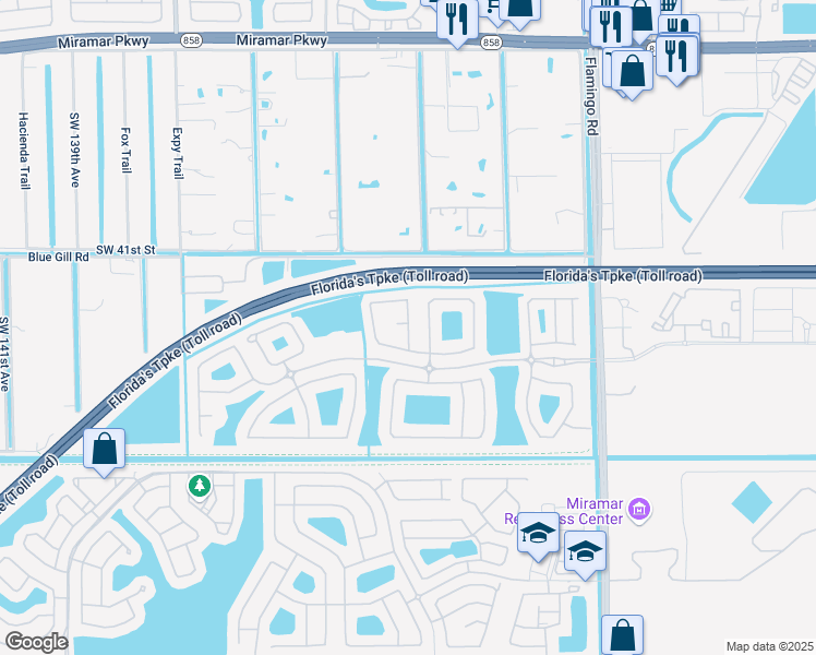 map of restaurants, bars, coffee shops, grocery stores, and more near 12934 Southwest 42nd Street in Miramar