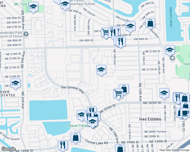map of restaurants, bars, coffee shops, grocery stores, and more near 20825 Northeast 8th Court in North Miami Beach
