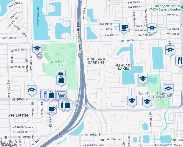 map of restaurants, bars, coffee shops, grocery stores, and more near 1861 Northeast 211th Street in Miami