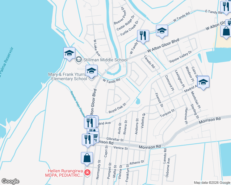 map of restaurants, bars, coffee shops, grocery stores, and more near 1714 Northwood Drive in Brownsville
