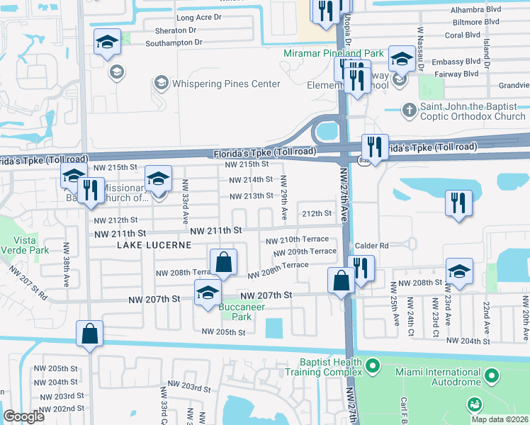 map of restaurants, bars, coffee shops, grocery stores, and more near 2940 Northwest 213th Street in Miami Gardens