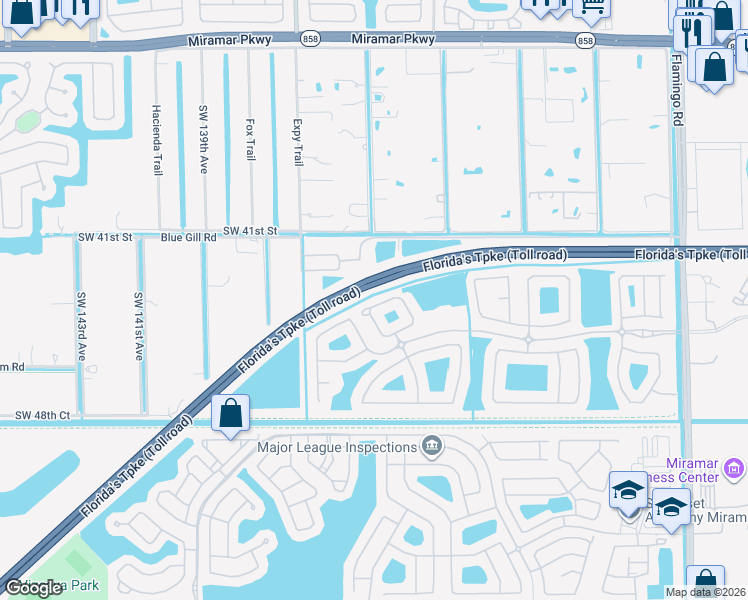 map of restaurants, bars, coffee shops, grocery stores, and more near 13173 Southwest 44th Street in Miramar