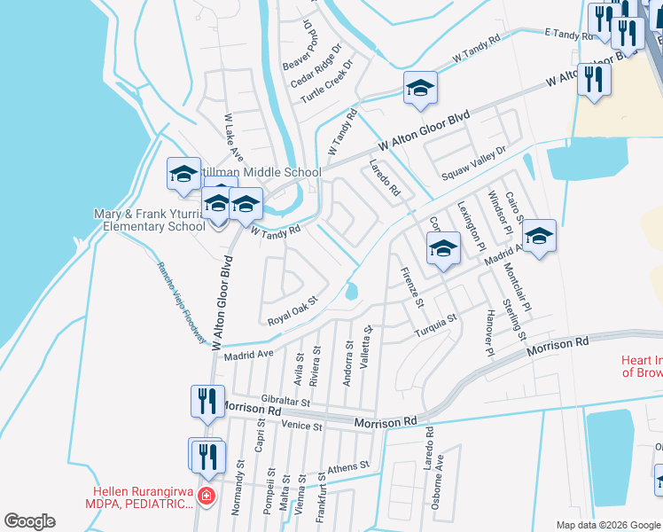 map of restaurants, bars, coffee shops, grocery stores, and more near 1580 Briarwyck Dr in Brownsville