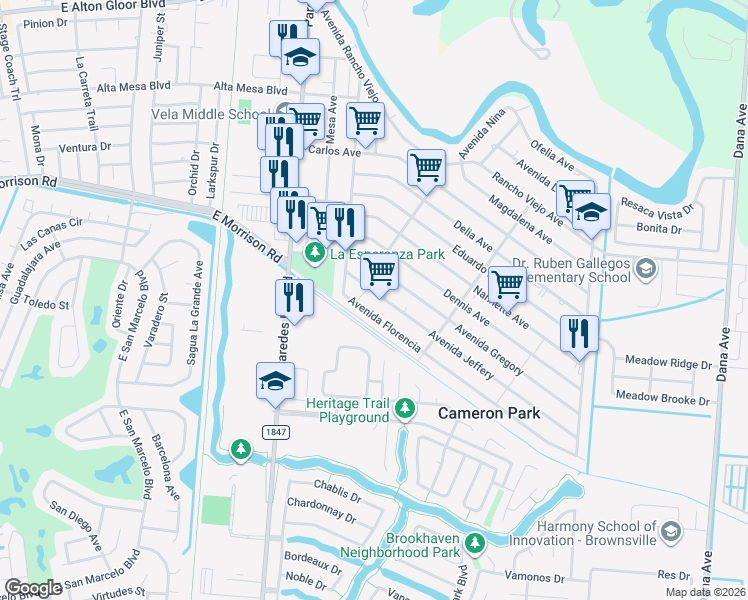 map of restaurants, bars, coffee shops, grocery stores, and more near 2212 Jeffery Avenue in Brownsville