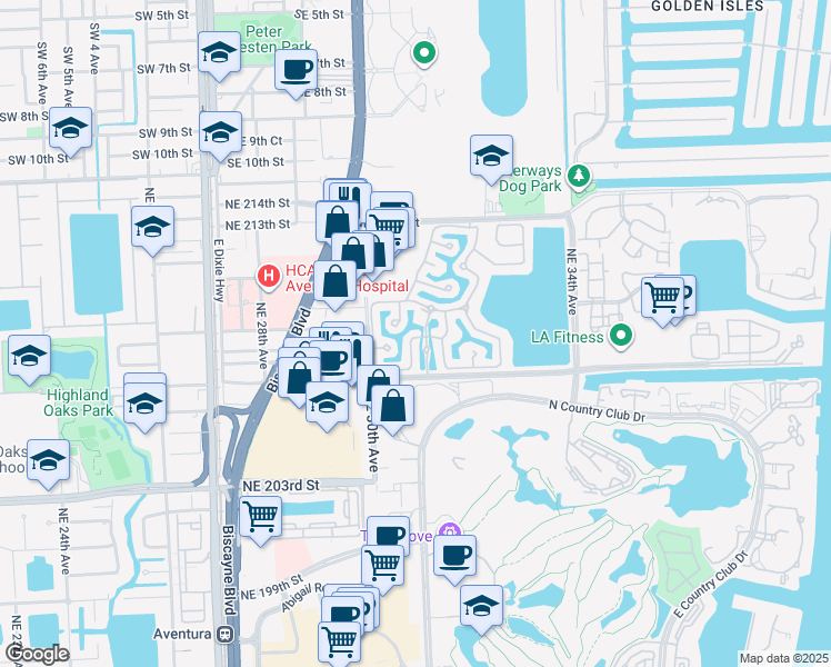 map of restaurants, bars, coffee shops, grocery stores, and more near 20935 Northeast 30th Place in Miami